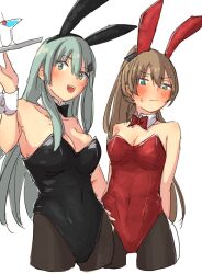 Rule 34 | 2girls, animal ears, aqua hair, black leotard, black pantyhose, blue eyes, blush, brown hair, detached collar, fake animal ears, green eyes, hair ornament, hairclip, highres, kantai collection, kumano (kancolle), leotard, long hair, looking at viewer, multiple girls, open mouth, pantyhose, playboy bunny, po0000000000, ponytail, rabbit ears, red leotard, strapless, strapless leotard, suzuya (kancolle), sweatdrop, teeth, upper teeth only, white background
