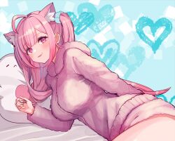 1girl absurdres ahoge animal_ears blue_background blue_scrunchie blush breasts cat_ears cat_girl hair_ornament hair_scrunchie highres hood hoodie indie_virtual_youtuber large_breasts long_hair long_sleeves looking_at_viewer nanado_shion open_mouth pillow pink_eyes pink_hair pink_hoodie scrunchie smile solo thighs two_side_up virtual_youtuber yuuki_sakuna