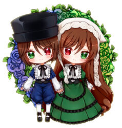 Rule 34 | 2girls, black bow, black corset, black footwear, black headwear, black ribbon, blue capelet, blue shorts, blush, bow, brown hair, capelet, chibi, closed mouth, collared dress, collared shirt, commentary, corset, dress, flat chest, flower, footwear bow, frilled dress, frilled shirt, frilled shirt collar, frills, full body, gelulu, green dress, green eyes, green flower, green rose, hair between eyes, hat, head scarf, heterochromia, holding hands, juliet sleeves, lace, lolita fashion, long bangs, long dress, long hair, long sleeves, looking at viewer, multiple girls, neck ribbon, pantyhose, puffy sleeves, purple flower, purple rose, red eyes, ribbon, rose, rozen maiden, shirt, shoes, short hair, shorts, siblings, sisters, smile, souseiseki, standing, suiseiseki, top hat, twins, very long hair, white background, white headwear, white pantyhose, white shirt, wreath