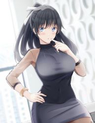 Rule 34 | 1girl, abe mikiko (rc f), alt text, black hair, black pantyhose, blue eyes, blush, borrowed character, bracelet, breasts, collarbone, commission, dress, hair between eyes, hair ribbon, highres, indoors, jewelry, keenh, large breasts, leather, long hair, looking at viewer, original, pantyhose, pencil dress, ponytail, ribbon, see-through, see-through sleeves, solo, white ribbon, window