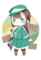 Rule 34 | 1girl, absurdres, aqua eyes, black sleeves, black socks, blue trim, boots, bow, braid, brown footwear, brown hair, cabbie hat, character request, chinese clothes, circle, closed mouth, collared shirt, copyright request, cross-laced footwear, envelope, eyelashes, green hat, green shirt, green skirt, hand up, hat, highres, kneehighs, kotomine kokoro, layered sleeves, light blush, long hair, long sleeves, looking at viewer, miniskirt, pleated skirt, shirt, single braid, skirt, skirt set, smile, socks, solo, tangzhuang, waist bow, white background, wide sleeves, yellow bow, yellow trim