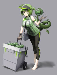 Rule 34 | 1girl, absurdres, arknights, arm up, armband, bag, bare shoulders, barefoot, breasts, food, fruit, gloves, glowing, green eyes, green hair, highres, holding, holding with tail, large breasts, leaf, leaning forward, melon-pult, monster girl, pants, personification, petals, plant girl, plants vs zombies, pompmaker1, prehensile tail, ribbed sweater, short hair, simple background, sleeveless, smile, solo, striped, sweater, tail, visor cap, watermelon, wheelbarrow, yoga pants