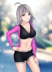 Rule 34 | 1girl, ahoge, antenna hair, bad id, bad pixiv id, bike shorts, black shorts, black tank top, blurry, blurry background, breasts, cleavage, closed mouth, collarbone, dot nose, gigamessy, grey eyes, grey hair, hand on own hip, hand on thigh, jacket, large breasts, long sleeves, medium hair, midriff, navel, neck, open clothes, open jacket, original, pink jacket, short shorts, shorts, smile, solo, standing, tank top, thighs