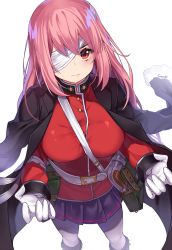 Rule 34 | 1girl, bandage over one eye, belt, between breasts, black skirt, breasts, closed mouth, commentary request, fate/grand order, fate (series), florence nightingale (fate), florence nightingale (third ascension) (fate), gendo0032, gendo0033, gloves, gun, jacket, jacket on shoulders, long hair, looking at viewer, looking up, military, military uniform, one eye covered, pantyhose, pink hair, pleated skirt, red eyes, simple background, skirt, solo, strap between breasts, uniform, weapon, white background, white gloves