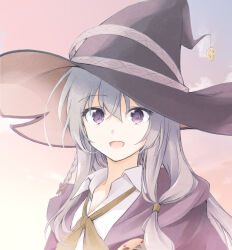 Rule 34 | 1girl, :d, black hat, bow, bowtie, braid, collared shirt, elaina (majo no tabitabi), grey hair, hat, highres, large hat, long hair, looking at viewer, majo no tabitabi, natsushi, open clothes, open mouth, open robe, outdoors, purple eyes, red bow, robe, shirt, smile, solo, white shirt, witch hat, yellow bow, yellow bowtie