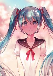 Rule 34 | 1girl, absurdres, blue eyes, blurry background, blush, cherry blossoms, closed mouth, collarbone, dappled sunlight, day, frilled sleeves, frills, gradient hair, hair between eyes, hair ribbon, hatsune miku, heterochromia, highres, looking at viewer, multicolored hair, outdoors, petals, pink eyes, plant, red ribbon, ribbon, sailor collar, shade, shadow, shirt, short sleeves, sidelocks, silver hair, smile, solo, spring (season), sunlight, tareme, tiny (tini3030), tree, twintails, upper body, vocaloid, white shirt