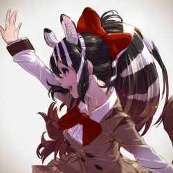 Rule 34 | 10s, 1girl, animal ear fluff, animal ears, arm up, blue eyes, bow, bowtie, breasts, extra ears, from side, hair bow, hand up, highres, kemono friends, long hair, multicolored hair, open mouth, plaid, plaid skirt, profile, quagga (kemono friends), realistic, red bow, school uniform, skirt, solo, tail, takami masahiro, two-tone hair, upper body, zebra ears