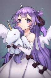 Rule 34 | 1girl, azur lane, bare shoulders, blush, bow, brown bow, brown ribbon, collarbone, commentary, detached sleeves, dress, feathered wings, grey background, hair bun, hair ribbon, halterneck, holding, holding stuffed toy, long sleeves, miya (miyaruta), one side up, parted lips, purple eyes, purple hair, ribbon, side bun, single hair bun, single side bun, sleeves past wrists, solo, sparkle, stuffed animal, stuffed toy, stuffed winged unicorn, unicorn (azur lane), white dress, white sleeves, white wings, wings
