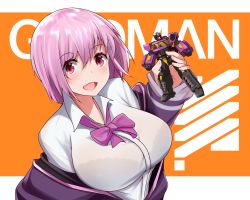 Rule 34 | 10s, 1girl, altronage, bad id, bad twitter id, bow, breasts, collared shirt, crossover, english text, gridman universe, highres, inactive account, jacket, large breasts, light purple hair, optimus prime (sg), purple jacket, red eyes, robot, school uniform, shinjou akane, shirt, short hair, ssss.gridman, title, transformer, transformers, transformers shattered glass, white shirt