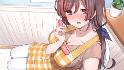 Rule 34 | 1girl, absurdres, apron, bathroom, bekotarou, blush, breasts, brown eyes, brown hair, checkered apron, checkered clothes, cleavage, controller, egg vibrator, embarrassed, female focus, from above, hand up, highres, holding, indoors, large breasts, legs, light smile, long hair, looking at viewer, low ponytail, mankai kaika, matching hair/eyes, mature female, nose blush, open mouth, original, remote control, remote control vibrator, sex toy, sitting, smile, solo, thighs, toilet, vibrator