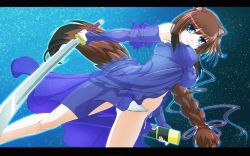Rule 34 | 10s, animal ears, bare shoulders, blue eyes, braid, brioche d&#039;arquien, brown hair, dog days, dog ears, dog tail, highres, letterboxed, long hair, panties, see-through, solo, sword, tail, tappa (esperanza), underwear, weapon