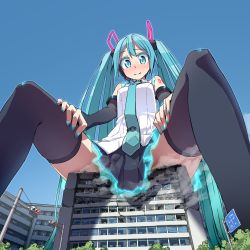 Rule 34 | 1girl, aqua eyes, aqua hair, artist name, bad hands, black skirt, black thighhighs, blush, building, day, detached sleeves, from below, giant, giantess, hatsune miku, highres, long hair, nail polish, necktie, nose blush, pleated skirt, shapoco, sitting, skirt, sky, thighhighs, traffic light, twintails, twitter username, very long hair, vocaloid, watermark