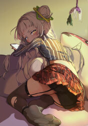 Rule 34 | 1girl, alternate costume, anklet, ass, black thighhighs, blunt bangs, cellphone, commentary, cropped shirt, eyelashes, feet, foreshortening, frilled sleeves, frills, from behind, full body, gradient background, grey shirt, hair bun, hairband, harapeko zombie inu, hexagram hair ornament, holding, hololive, jewelry, legs, long sleeves, looking back, miniskirt, murasaki shion, no shoes, one side up, orange eyes, phone, pinstripe pattern, pinstripe shirt, plaid, plaid skirt, pleated skirt, purple background, red skirt, shadow, shiny skin, shirt, shorts, shorts under skirt, single side bun, skirt, smartphone, soles, solo, striped clothes, striped shirt, stuffed animal, stuffed toy, symbol-only commentary, tan background, thighhighs, thighs, toes, torn clothes, torn thighhighs, v-shaped eyebrows, virtual youtuber