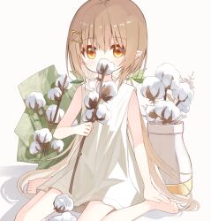 Rule 34 | 1girl, bare arms, barefoot, blush, brown eyes, brown hair, cotton (plant), covered mouth, dress, green ribbon, hair between eyes, hair ornament, hair ribbon, hairclip, highres, holding, long hair, looking at viewer, low twintails, original, pointy ears, ribbon, shadow, simple background, sitting, sleeveless, sleeveless dress, solo, squirrel girl (yuuhagi (amaretto-no-natsu)), twintails, very long hair, wariza, white background, white dress, yuuhagi (amaretto-no-natsu)