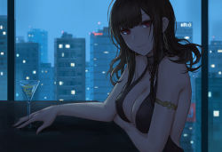 Rule 34 | 1girl, alcohol, arm under breasts, armlet, black dress, black hair, blush, breasts, building, city, cleavage, commentary request, cup, dress, dsr-50 (girls&#039; frontline), dsr-50 (highest bid) (girls&#039; frontline), earrings, girls&#039; frontline, highres, indoors, jewelry, large breasts, long hair, mixed-language commentary, night, official alternate costume, selcky, sidelocks, smile, solo, upper body, window