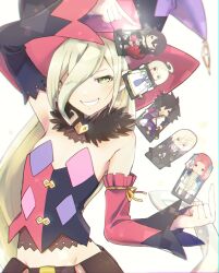 Rule 34 | 1girl, asymmetrical sleeves, black sleeves, blonde hair, card, feather boa, green eyes, hair between eyes, hat, long hair, looking at viewer, magilou (tales), mismatched sleeves, multicolored clothes, multicolored hat, multicolored sleeves, pink sleeves, pointy ears, simple background, smile, solo, sumomoi (dvcat), tales of (series), tales of berseria, white background, witch hat
