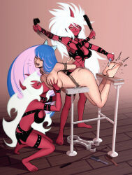 Rule 34 | 3girls, arms behind back, ass, barefoot, belt, blue hair, bound, bound arms, breast sucking, breasts, choker, closed mouth, colored inner hair, colored skin, comb, completely nude, deep skin, demon girl, demon wings, fang, tickling feet, glasses, highres, horns, kneesocks (psg), kusujinn, large breasts, looking at viewer, miniskirt, multicolored hair, multiple girls, nude, open mouth, panty &amp; stocking with garterbelt, pink hair, pointy ears, ponytail, red horns, red skin, restrained, scanty (psg), single horn, skirt, spanked, spanking, squatting, standing, stocks, studded belt, thighhighs, tickle torture, tickling, torture, whip, white hair, wings, wooden floor, yellow eyes, yuri