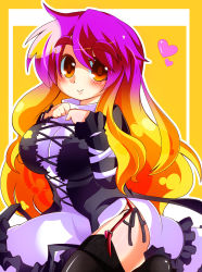 Rule 34 | 1girl, black thighhighs, breasts, dress, eyebrows, female focus, frills, garter straps, gin (shioyude), gradient hair, heart, highres, hijiri byakuren, large breasts, long hair, multicolored hair, shiny clothes, shirt, side slit, smile, solo, taut clothes, taut shirt, thighhighs, touhou, yellow eyes