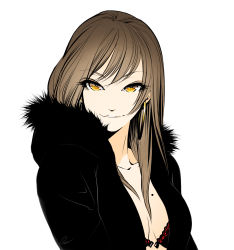 Rule 34 | 1girl, :3, bra, breasts, breasts apart, brown hair, clasp, cleavage, collarbone, earrings, eyelashes, flat color, fur-lined hood, fur trim, gradient hair, grin, highres, hood, hoop earrings, jacket, jewelry, lace, lace-trimmed bra, lace bra, lace trim, lingerie, lips, long hair, looking at viewer, mole, mole on breast, multicolored hair, open bra, open clothes, open jacket, original, parka, poaro, seductive smile, signature, simple background, smile, solo, underwear, upper body, white background, yellow eyes