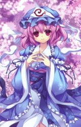 Rule 34 | 1girl, blue dress, bow, capura lin, cherry blossoms, dress, fingers together, floral background, floral print, frills, hat, highres, hitodama, japanese clothes, long sleeves, looking at viewer, mob cap, obi, pink eyes, pink hair, puffy sleeves, ribbon, saigyouji yuyuko, sash, scan, short hair, smile, solo, touhou, triangular headpiece, veil, wide sleeves