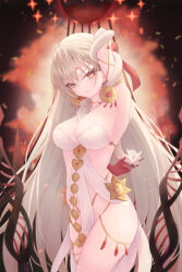 Rule 34 | 1girl, arm behind head, arm up, armlet, armpits, bare shoulders, belly chain, blush, body markings, breasts, cleavage, collarbone, dress, durga (fate), earrings, facial mark, fate/grand order, fate (series), forehead mark, grey hair, hair ribbon, highres, jewelry, large breasts, long hair, looking at viewer, pelvic curtain, pennosuke, red eyes, revealing clothes, ribbon, sash, snake, thighs, very long hair, weapon, white dress