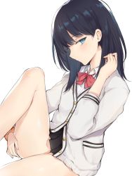 Rule 34 | 10s, 1girl, black hair, black skirt, blue eyes, bow, breasts, buttons, closed mouth, gridman universe, highres, knee up, kyouki, long hair, long sleeves, looking at viewer, looking to the side, pleated skirt, red neckwear, school uniform, scrunchie, simple background, sitting, skirt, small breasts, solo, ssss.gridman, sweater, swept bangs, takarada rikka, thighs, white background, white sweater, wrist scrunchie