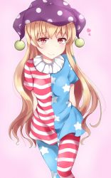 Rule 34 | 1girl, american flag dress, american flag legwear, arms behind back, blonde hair, breasts, clownpiece, commentary request, dress, hat, heart, jester cap, long hair, looking at viewer, neck ruff, pantyhose, pink background, red eyes, small breasts, smile, solo, striped clothes, striped dress, striped pantyhose, thighs, touhou, very long hair, walnut (mottimoti)