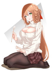 Rule 34 | 1girl, :d, black pantyhose, blush, breasts, brown hair, fatkewell, girls&#039; frontline, green eyes, hair ribbon, highres, long hair, looking at viewer, meme attire, mimikaki, open-chest sweater, open mouth, pantyhose, red ribbon, ribbed sweater, ribbon, seiza, sitting, skirt, smile, solo, springfield (girls&#039; frontline), sweater, turtleneck, turtleneck sweater