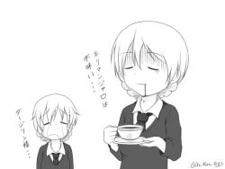 2girls black_necktie braid collared_shirt commentary_request crying cup darjeeling_(girls_und_panzer) drill_hair drooling girls_und_panzer girls_und_panzer_little_army holding holding_cup kilimanjaro_(girls_und_panzer) multiple_girls necktie one-hour_drawing_challenge orc_peon_7503 school_uniform shirt short_bangs signature st._gloriana&#039;s_school_uniform tears translation_request west_kureoji_grona_school_uniform white_shirt