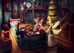 Rule 34 | 3girls, :d, alcohol, bird, blush, bow, bread, chair, chicken, christmas, christmas tree, clock, couch, dress, drill hair, fairy wings, food, hair bow, hair ornament, hat, highres, indoors, juliet sleeves, long sleeves, luna child, mittens, multiple girls, natori youkai, open mouth, puffy sleeves, salad, sitting, smile, star sapphire, sunny milk, table, touhou, two side up, wine, wings
