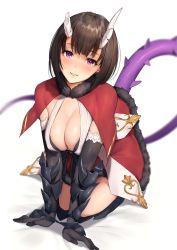 Rule 34 | 1girl, all fours, blush, breasts, broken horn, capelet, cleavage, eriko (princess connect!), fur-trimmed skirt, fur trim, gauntlets, highres, hiyashi mirano, horns, large breasts, looking at viewer, medium hair, princess connect!, purple eyes, simple background, skirt, smile, solo, spiked tail, star-shaped pupils, star (symbol), symbol-shaped pupils, tail, white background