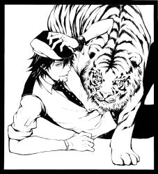 Rule 34 | 10s, 1boy, absurdres, bracelet, cabbie hat, cowgirl9, facial hair, greyscale, hat, highres, ink, jewelry, kaburagi t. kotetsu, male focus, monochrome, necktie, short hair, simple background, solo, stubble, tiger, tiger &amp; bunny, traditional media, vest, watch, wristwatch