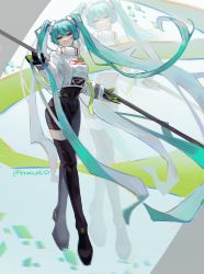 Rule 34 | absurdres, black gloves, black thighhighs, boots, flag, full body, gloves, green eyes, green hair, hatsune miku, headgear, highres, holding, holding flag, long hair, racing miku, racing miku (2022), thigh boots, thighhighs, twintails, user vcdy8858, very long hair, vocaloid