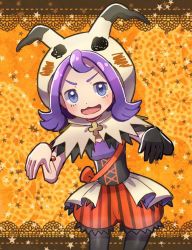 Rule 34 | 1girl, acerola (fall 2020) (pokemon), acerola (pokemon), bead bracelet, beads, black pantyhose, bracelet, capelet, commentary request, cowboy shot, creatures (company), flipped hair, game freak, gloves, hands up, hood, hood up, hooded capelet, jewelry, looking at viewer, nintendo, official alternate costume, open mouth, orange shorts, pantyhose, pokemon, pokemon masters ex, purple hair, shorts, shugara, single glove, smile, solo, star (symbol), striped clothes, striped shorts, tongue, torn capelet, torn clothes, vertical-striped clothes, vertical-striped shorts, yellow capelet