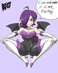 Rule 34 | 1girl, bat wings, bigdead, boots, braid, breasts, cleavage, cosplay, elbow gloves, gloves, grin, hair over one eye, high heel boots, high heels, highres, purple hair, rouge the bat, rouge the bat (cosplay), smile, sonic (series), thigh boots, thighhighs, translated, wings, zone-tan