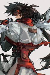 Rule 34 | 1boy, arm up, belt, black gloves, brown hair, concrete, english text, fingerless gloves, found modori, from behind, gloves, guilty gear, guilty gear xx, headband, highres, holding, holding weapon, huge weapon, long hair, looking at viewer, looking back, male focus, multiple belts, orange eyes, order-sol, ponytail, simple background, slit pupils, sol badguy, weapon, weapon behind back, white background