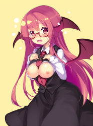 Rule 34 | 1girl, bat wings, bespectacled, black skirt, black vest, blush, breasts, clothes lift, d:, embarrassed, fang, glasses, hands on own chest, head wings, juliet sleeves, koakuma, large breasts, long hair, long sleeves, looking at viewer, minamura haruki, necktie, nipples, no bra, open clothes, open mouth, open shirt, puffy sleeves, red-framed eyewear, red eyes, red hair, red necktie, shirt, shirt lift, simple background, skirt, skirt set, sleeves past wrists, solo, touhou, vest, white shirt, wings, yellow background