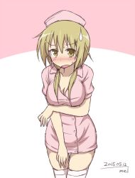 Rule 34 | 1girl, blonde hair, blush, breast lift, breasts, cleavage, embarrassed, hat, ichii yui, large breasts, looking at viewer, medium hair, mel (melty pot), nurse, nurse cap, open mouth, solo, sweatdrop, yellow eyes, yuyushiki