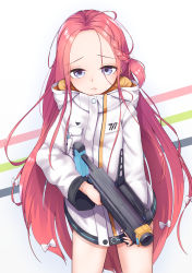 Rule 34 | 1girl, :&lt;, blue archive, commentary request, forehead, grenade launcher, hair ornament, hair ribbon, highres, jacket, long hair, looking at viewer, m320, modular weapon system, purple eyes, red hair, ribbon, school uniform, simple background, solo, sooottrick, stand-alone configuration, weapon, white background, yuzu (blue archive)