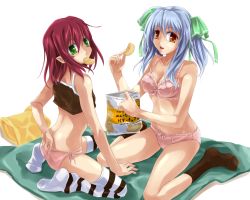 Rule 34 | 2girls, adjusting clothes, adjusting panties, arm support, back, black legwear, blanket, blue hair, bow, bow bra, bow panties, bra, brown eyes, camisole, chips (food), eating, facial mark, feet, follen (639594), food, green eyes, hair ribbon, holding, lace, lace-trimmed bra, lace-trimmed panties, lace trim, looking at viewer, looking back, merry nightmare, midriff, multiple girls, no shoes, open mouth, panties, pillow, pink bra, pink panties, pointy ears, potato chips, red hair, ribbon, short hair, side-tie panties, sitting, socks, striped clothes, striped legwear, striped thighhighs, tachibana isana, thighhighs, underwear, underwear only, wariza, yumekui merry