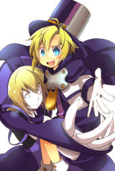 Rule 34 | android, arc system works, bad id, bad pixiv id, blazblue, blazblue: calamity trigger, blonde hair, blue eyes, blush, brother and sister, carl clover, carrying, glasses, gloves, happy, hat, kuro yuzu, nirvana (blazblue), outstretched hand, short hair, siblings, top hat, white gloves