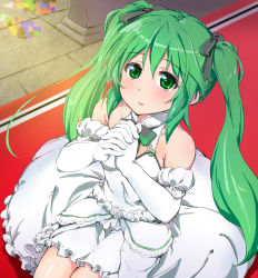 Rule 34 | 1girl, bare shoulders, dress, elbow gloves, gloves, green eyes, green hair, hair ribbon, hatsune miku, long hair, matching hair/eyes, own hands clasped, own hands together, ribbon, solo, tsujigiri, twintails, vocaloid