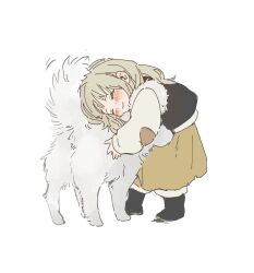 Rule 34 | 1girl, ^ ^, affectionate, aged down, animal, animal hug, black vest, blush, boots, child, chinese commentary, closed eyes, closed mouth, dog, dungeon meshi, facing to the side, falin touden, falin touden (tallman), fur-trimmed vest, fur trim, grey hair, happy, highres, leaning forward, long hair, long sleeves, loudun ff, patchwork clothes, shirt, simple background, sketch, skirt, smile, stitches, vest, white background, white shirt, yellow skirt