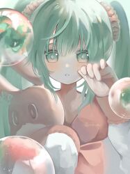 Rule 34 | 1girl, aqua eyes, aqua hair, artist name, blunt bangs, blush, bow, bright pupils, bubble, commentary request, cowlick, ear bow, ear ornament, hair between eyes, hair ornament, hair tie, hatsune miku, highres, japanese clothes, kimono, light blush, lol -lots of laugh- (vocaloid), long hair, long sleeves, looking at viewer, mixed-language commentary, parted lips, pink kimono, rubbing eyes, solid oval eyes, solo, straight-on, stuffed animal, stuffed rabbit, stuffed toy, teeth, twintails, upper body, vocaloid, white pupils, yuta 2341