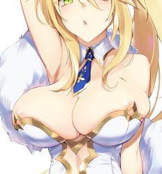 Rule 34 | 1girl, areola slip, arm up, armpits, artoria pendragon (all), artoria pendragon (fate), artoria pendragon (swimsuit ruler) (fate), bare arms, bare shoulders, blonde hair, breasts, cleavage, cutout above navel, detached collar, fate/grand order, fate (series), fur scarf, gold trim, good meat day, green eyes, hair between eyes, huge breasts, kakumayu, leotard, light blush, long hair, necktie, open mouth, playboy bunny, ponytail, short necktie, sidelocks, simple background, skindentation, solo, strapless, strapless leotard, undersized clothes, upper body, white background, white leotard, wing collar
