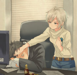 Rule 34 | 1boy, 1girl, anastasia (idolmaster), belt, belt buckle, window blinds, blue eyes, bottle, buckle, business suit, chair, denim, denim shorts, desk, earrings, formal, hand on another&#039;s face, idolmaster, idolmaster cinderella girls, indoors, jewelry, marimo (momiage), monitor, office chair, pendant, producer (idolmaster), producer (idolmaster cinderella girls anime), short hair, shorts, silver hair, star (symbol), stud earrings, suit, sweat, sweater, swivel chair