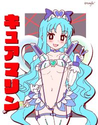 Rule 34 | 1girl, armor, blue hair, blush, border, breasts, brown eyes, choker, collar, crossover, crotch cutout, cuffs, cure marine, flower tact, garter straps, gloves, hair ornament, heartcatch precure, heartcatch precure!, kamui (kill la kill), kill la kill, kurumi erika, legs, life fiber, lingerie, long hair, miniskirt, navel, no bra, no panties, open mouth, pongldr, precure, self-upload, simple background, skirt, small breasts, smile, solo focus, standing, strap, thick thighs, thighhighs, thighs, underboob, underwear, white border