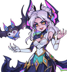 Rule 34 | 1girl, :d, animal, bat (animal), black sclera, breasts, character request, cleavage, colored sclera, detached sleeves, fingernails, grey background, grey hair, hair horns, league of legends, long hair, medium breasts, morgana (league of legends), open mouth, orange eyes, phantom ix row, sharp fingernails, simple background, single bare shoulder, smile, solo, star nemesis morgana, teeth, upper teeth only
