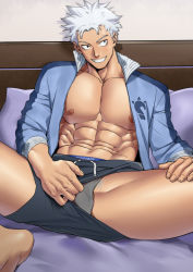 Rule 34 | 1boy, abs, absurdres, bara, bed, black eyes, black shorts, blue jacket, boku no hero academia, boxer briefs, clothes pull, grin, highres, jacket, large pectorals, male focus, male underwear, muscular, muscular male, navel, nipples, on bed, open clothes, open jacket, paid reward available, pectorals, pillow, short hair, shorts, shorts pull, sitting, smile, solo, spiked hair, suyohara, thick thighs, thighs, todoroki natsuo, underwear, white hair