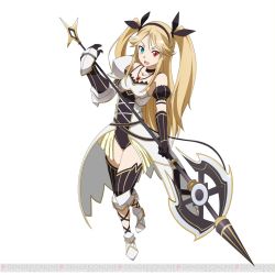 Rule 34 | 10s, 1girl, black ribbon, blonde hair, blue eyes, character request, collarbone, fang, hair ribbon, hairband, heterochromia, holding, holding weapon, jewelry, leotard, long hair, necklace, open mouth, polearm, red eyes, ribbon, simple background, solo, sword art online, sword art online: code register, thighhighs, twintails, weapon, white background